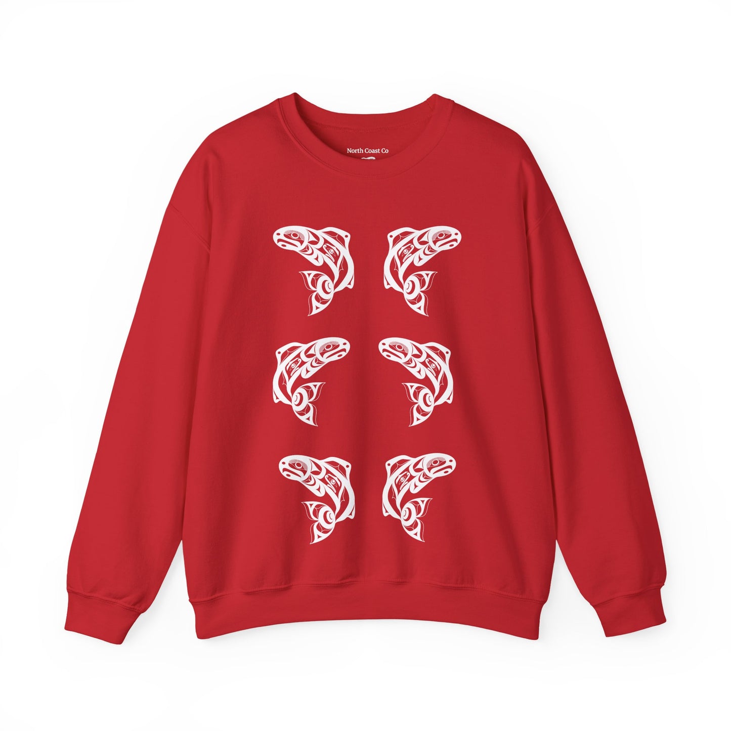 Unisex Crewneck Pullover sweatshirt with White “Salmon Run” design by Joshua Watts