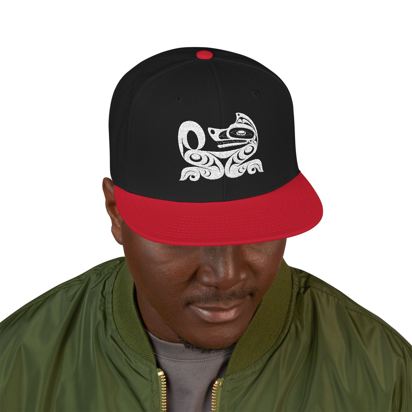 Embroidered Snapback Cap with White Wolf design by Joshua Watts