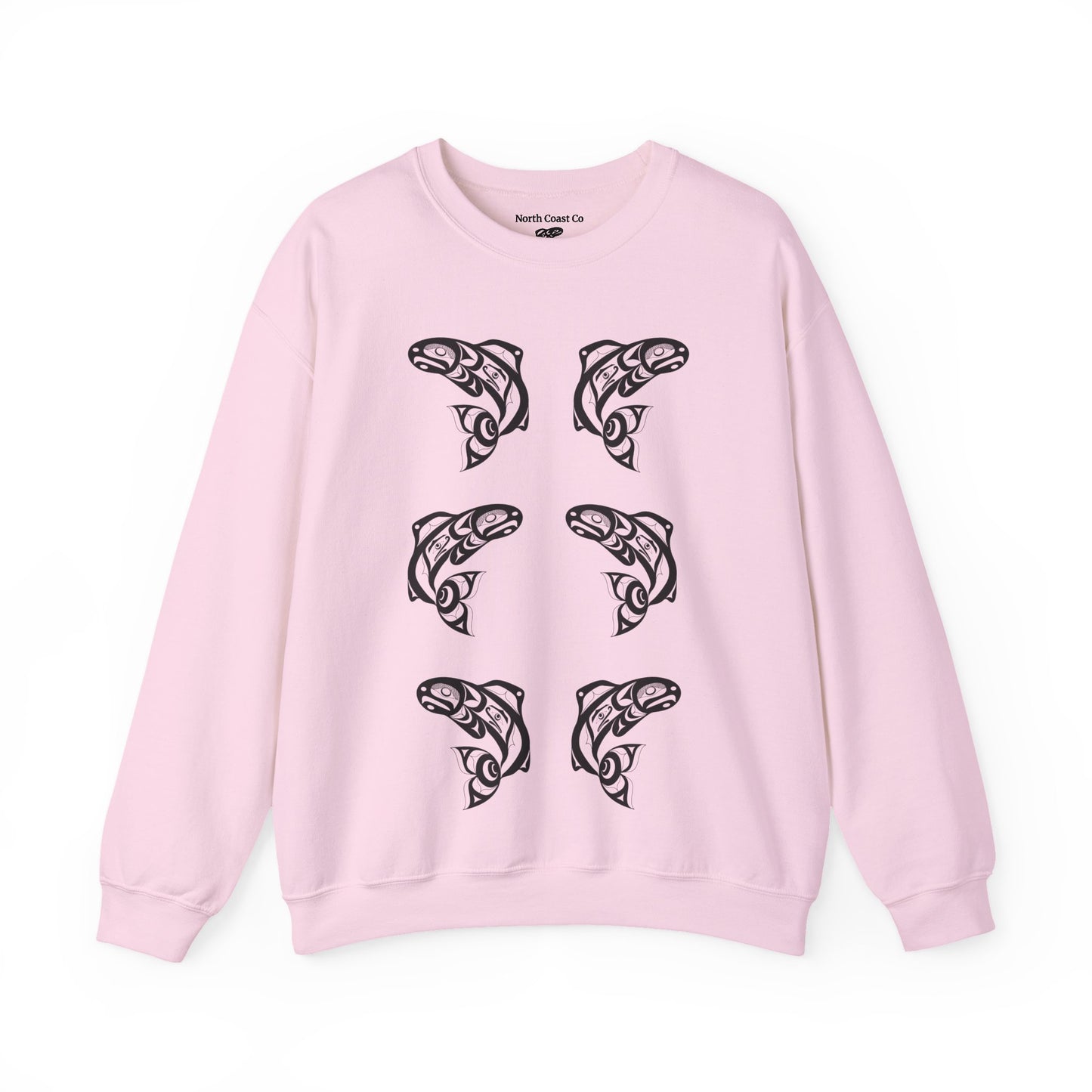Unisex Crewneck Pullover sweatshirt with Black “Salmon Run” design by Joshua Watts