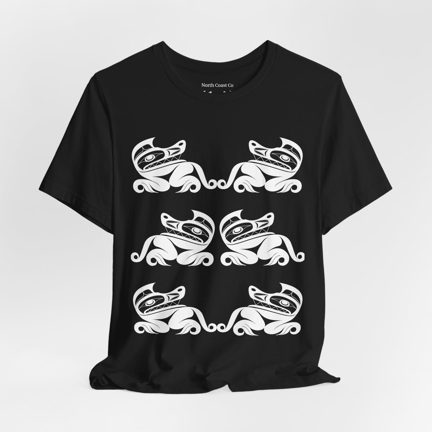 Unisex T-Shirt with black and white “Twin Wolves” design by Joshua Watts