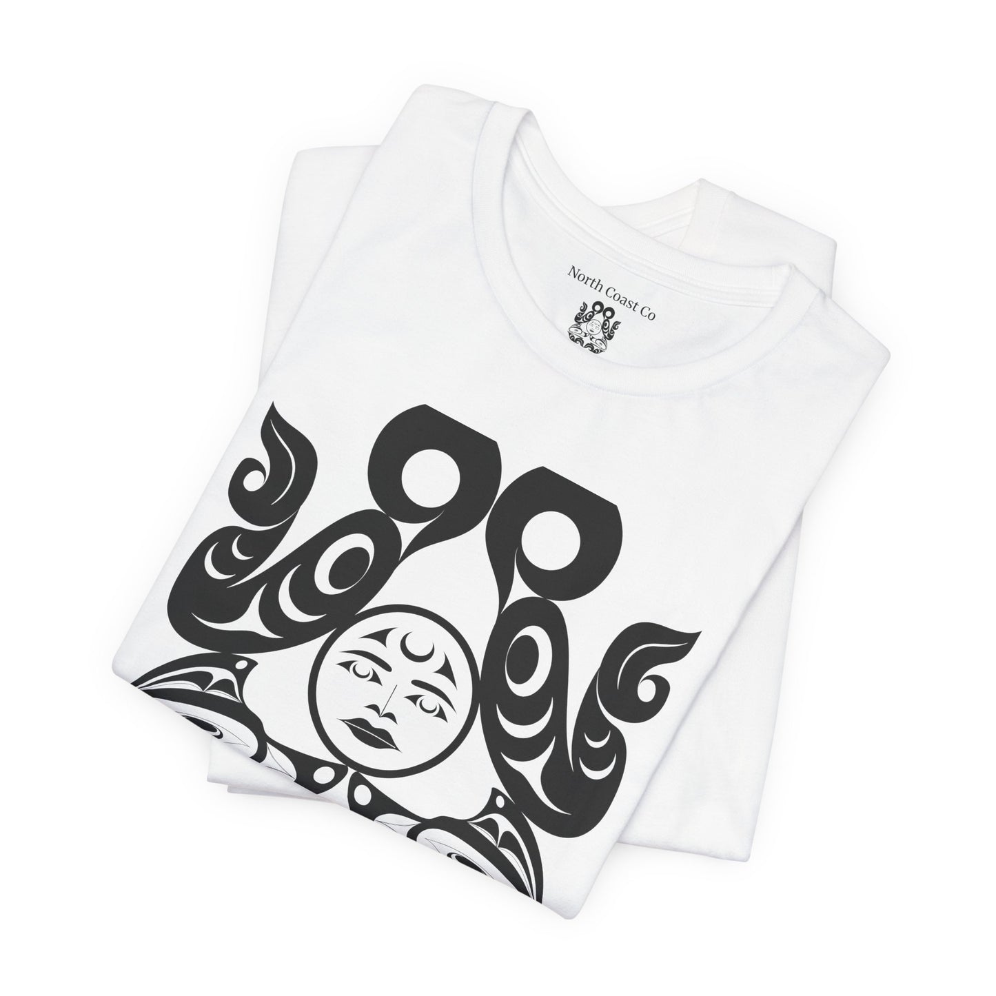 Unisex T-Shirt with black and white “Tsuu-Baa-Asaxt wolves” design by Joshua Watts