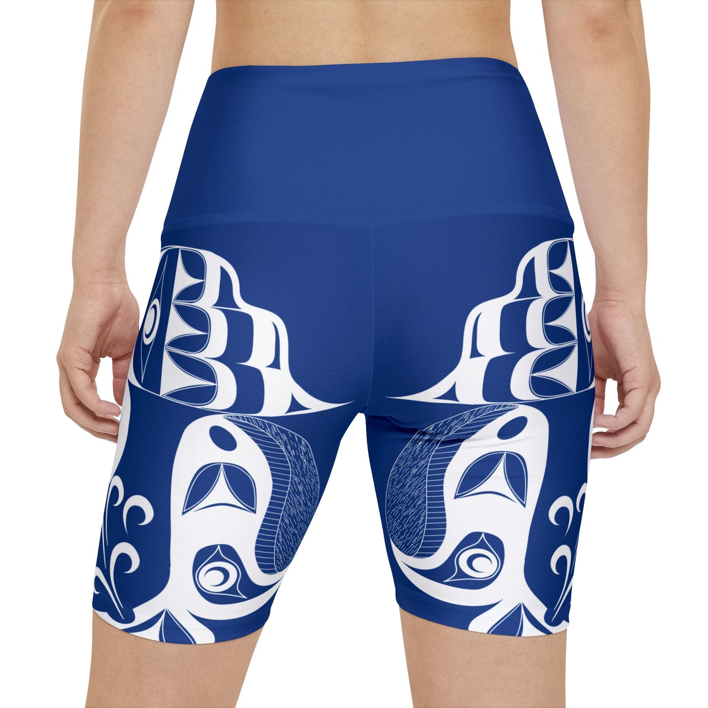 Blue Biker Shorts with “Whale Hunt” design by Joshua Watts