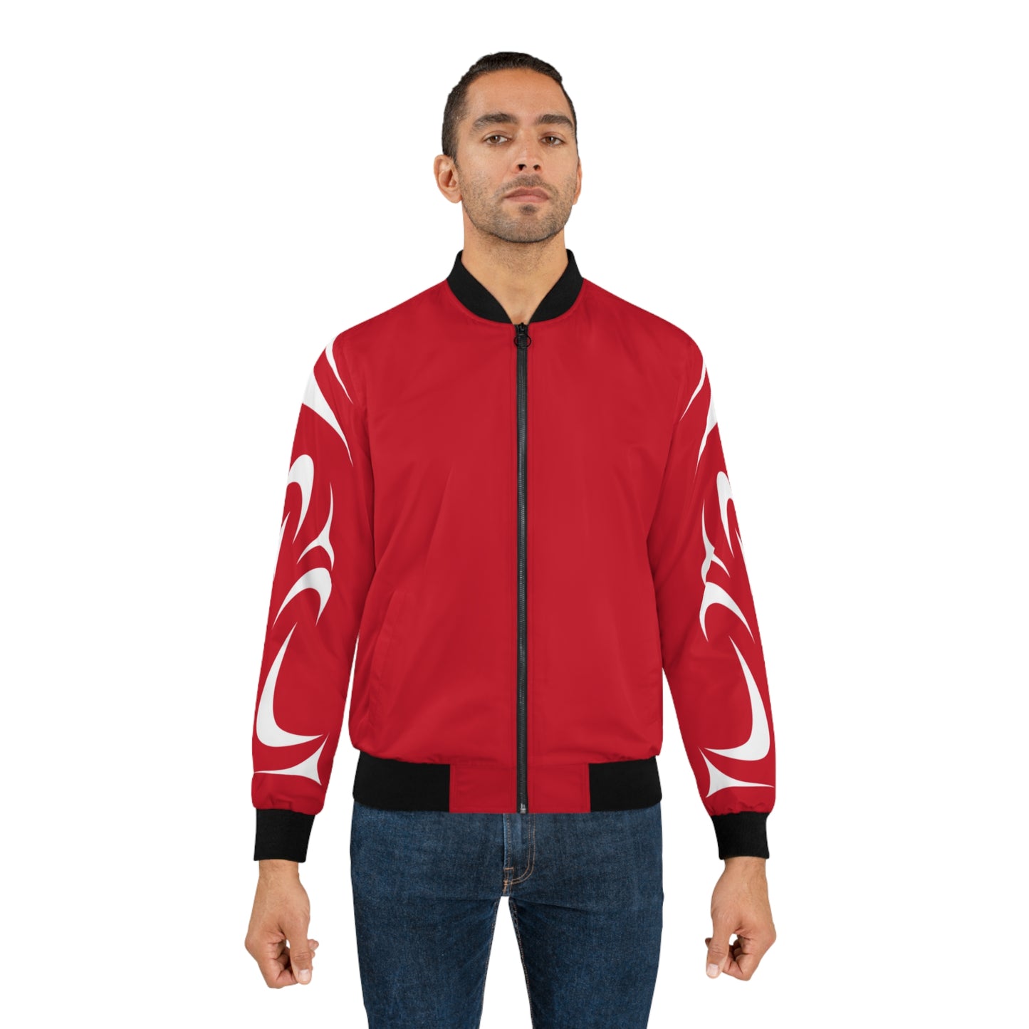 Red Unisex Bomber Jacket with White Thunderbird design by Joshua Watts