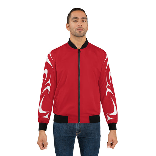Red Unisex Bomber Jacket with White Thunderbird design by Joshua Watts