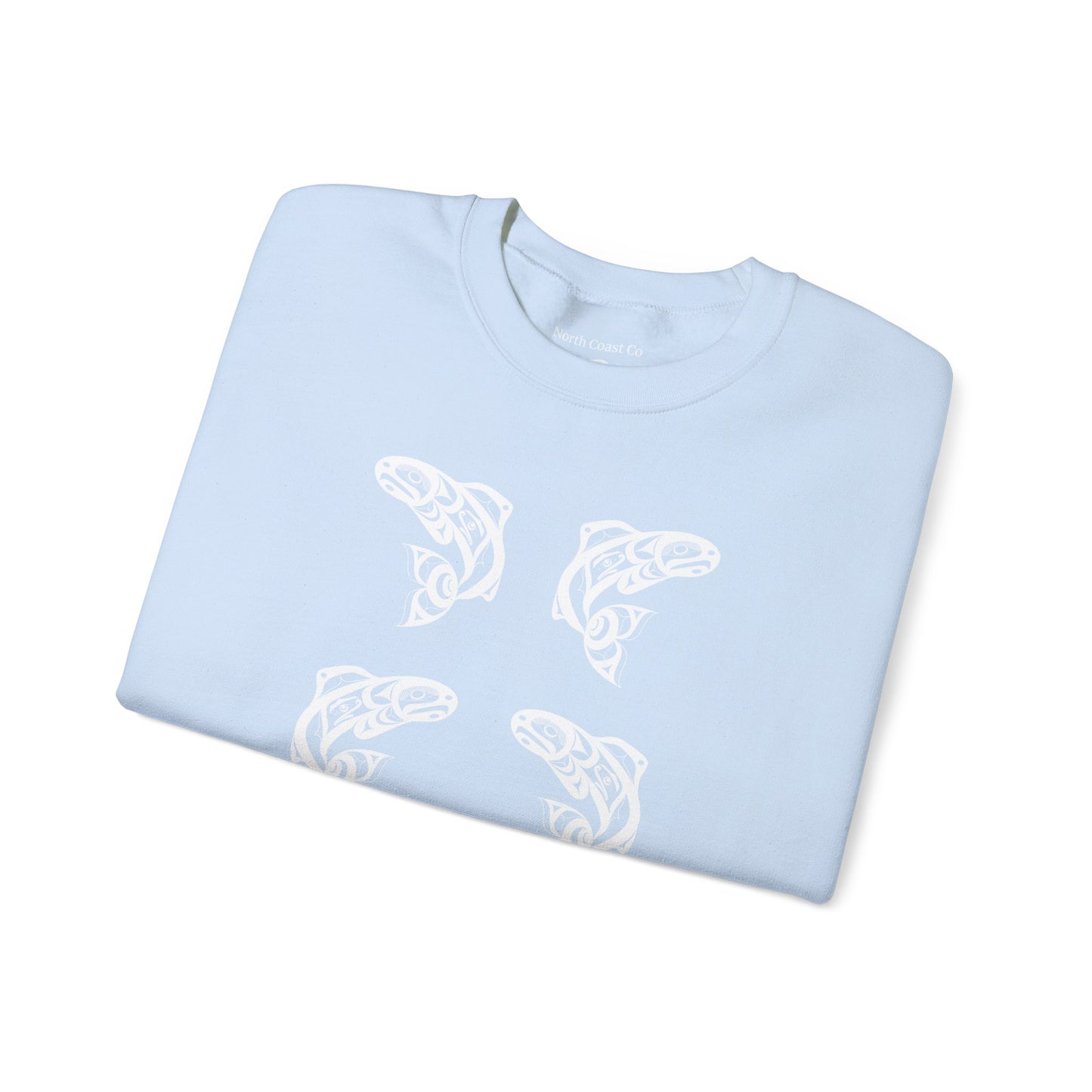 Unisex Crewneck Pullover sweatshirt with White “Salmon Run” design by Joshua Watts