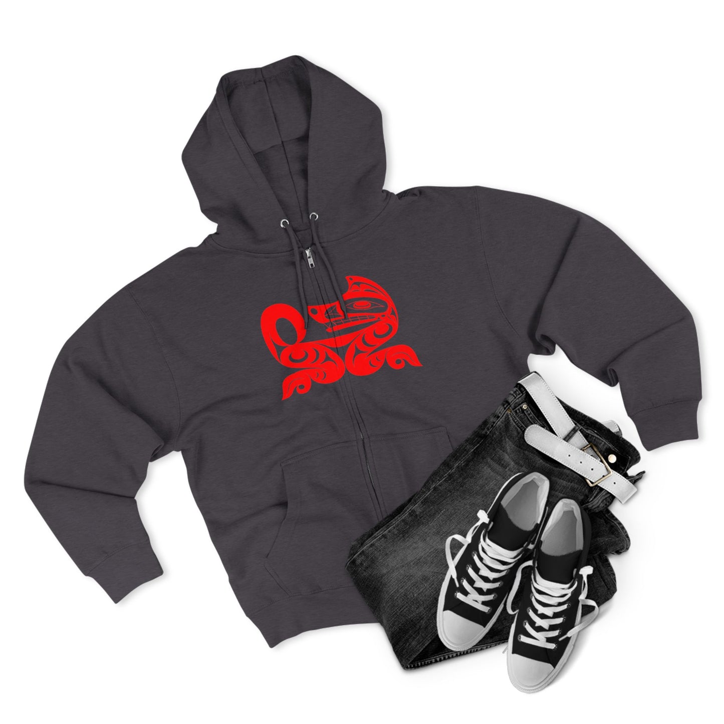 Black Unisex Zip Hoodie with “ Red Wolf” design by Joshua Watts
