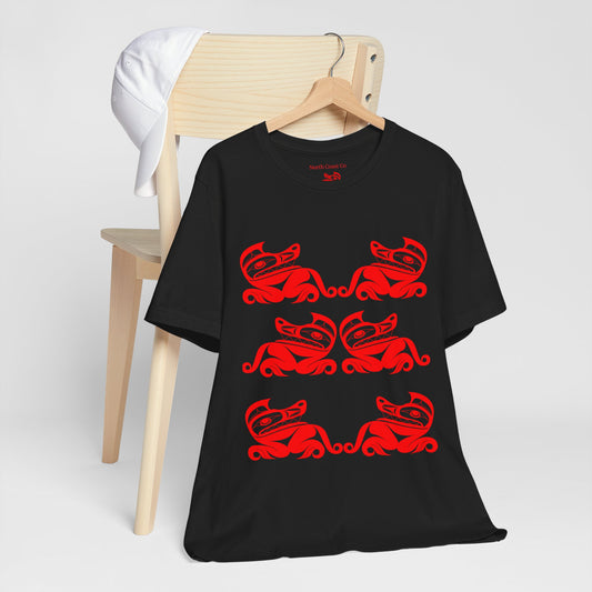 Unisex T-Shirt with red“Twin Wolves” design by Joshua Watts