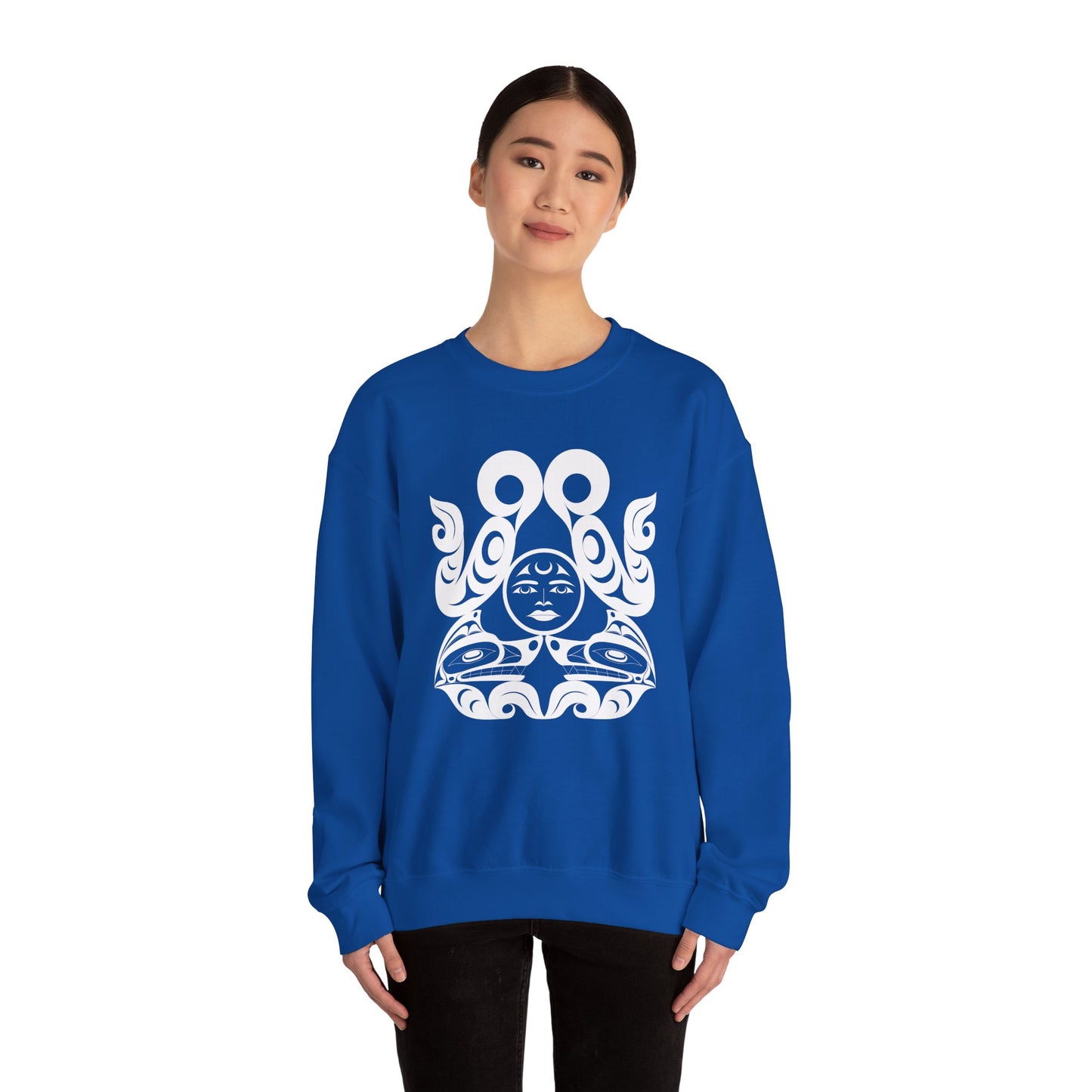 Unisex Crewneck Pullover sweatshirt with White “Tsuu-Baa-Asaxt Wolves” design by Joshua Watts