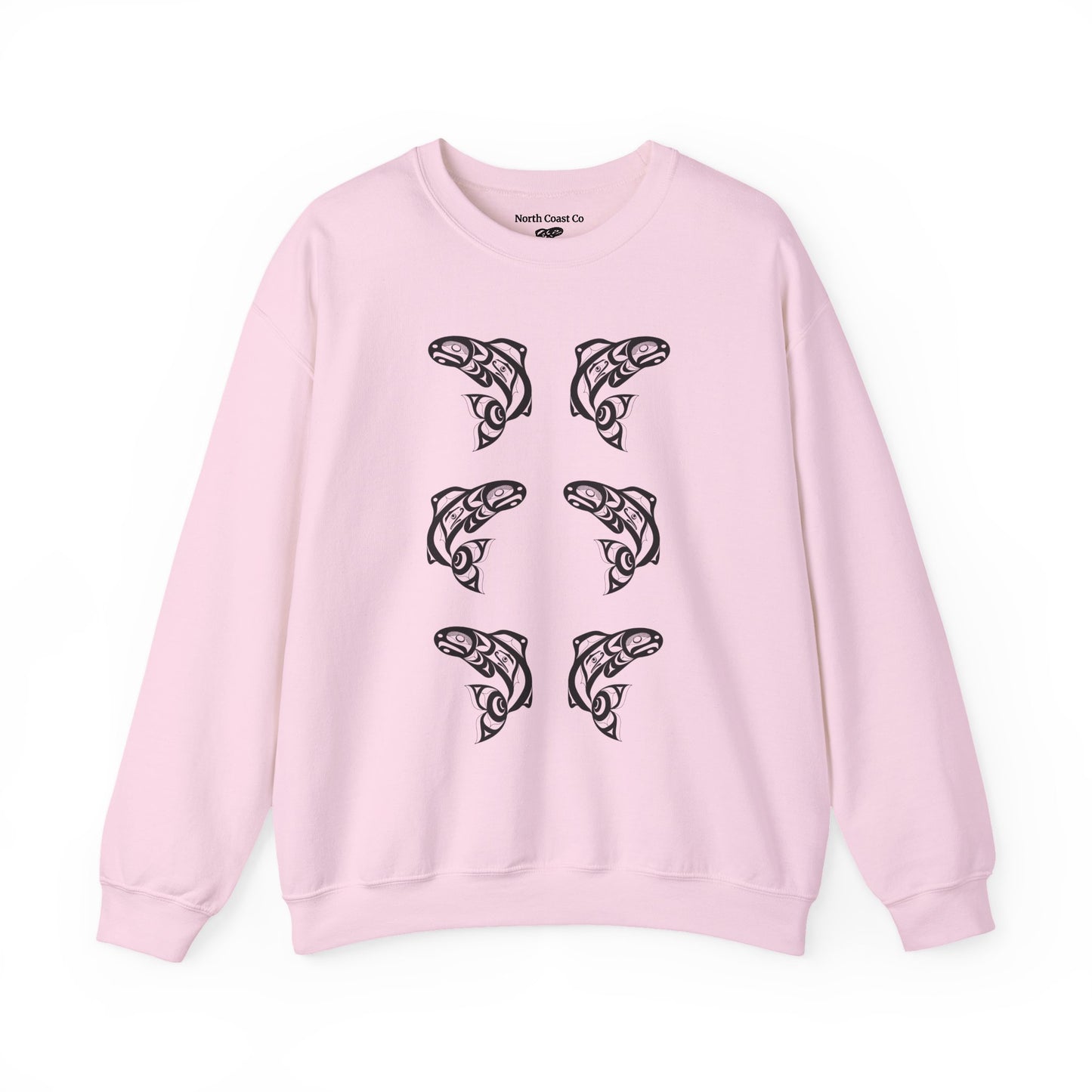 Unisex Crewneck Pullover sweatshirt with Black “Salmon Run” design by Joshua Watts