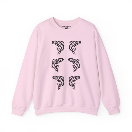 Unisex Crewneck Pullover sweatshirt with Black “Salmon Run” design by Joshua Watts