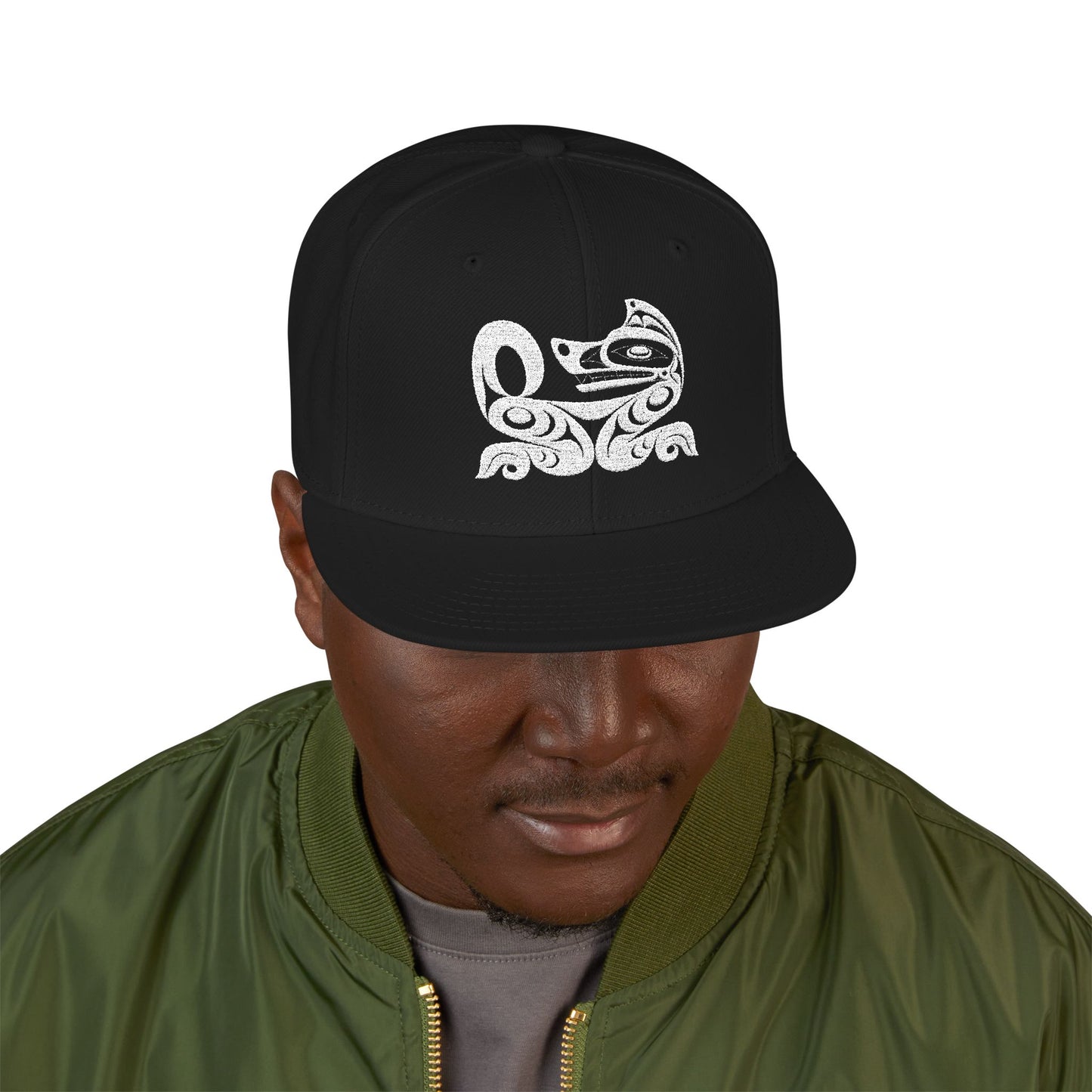Embroidered Snapback Cap with White Wolf design by Joshua Watts
