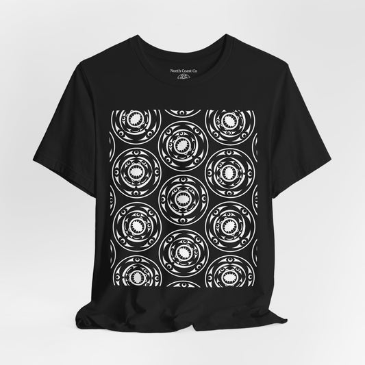 Unisex T-shirt featuring black and white "Life and Death“ design pattern by Joshua Watts
