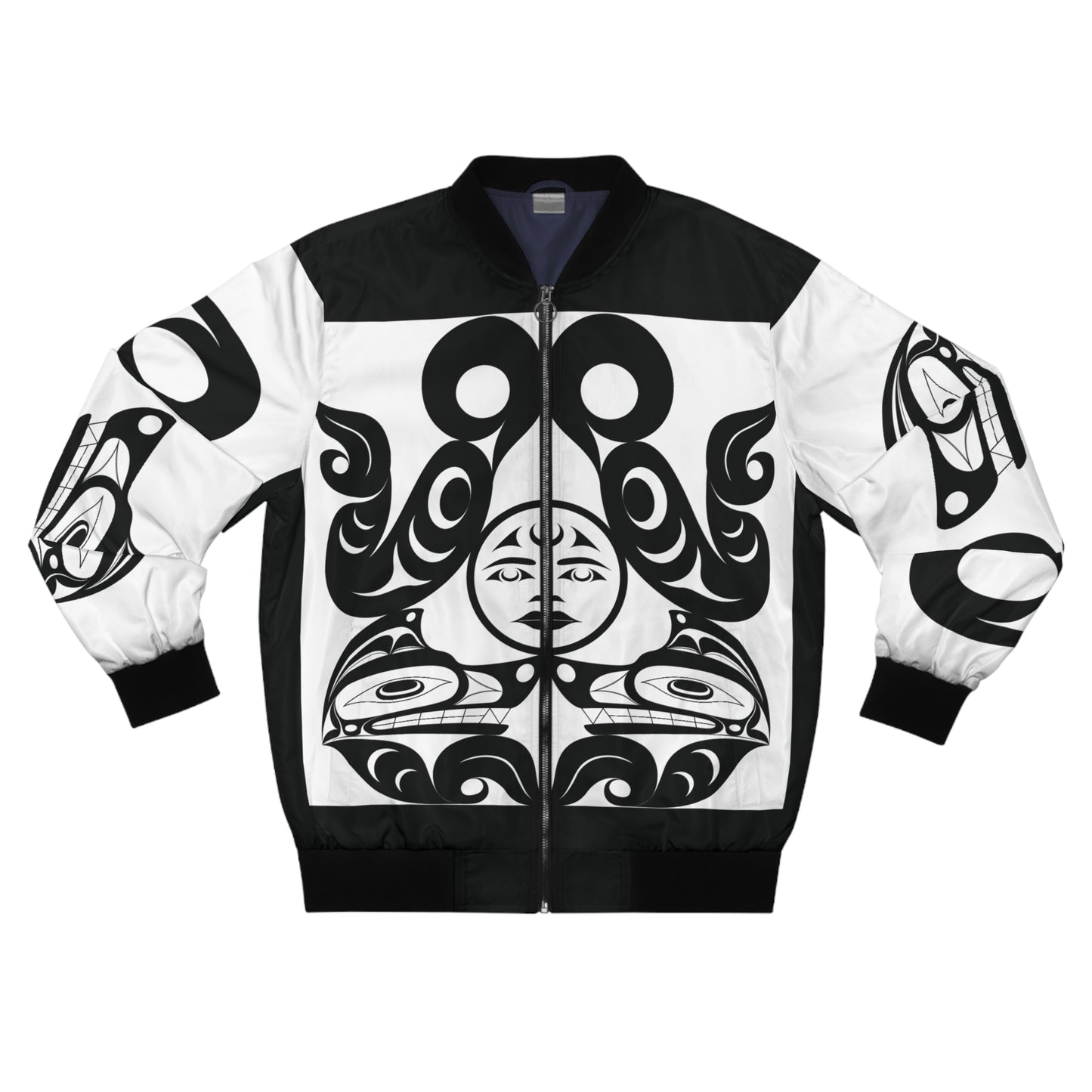 Unisex Bomber Jacket with Black and White “Tsuu-Baa-Asaxt Wolves” design by Joshua Watts