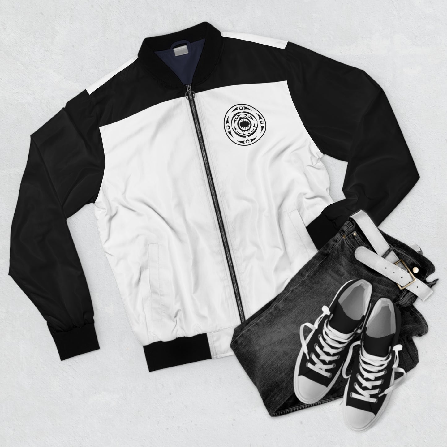 Unisex Black and White Bomber Jacket with “Life and Death” designed by Joshua Watts