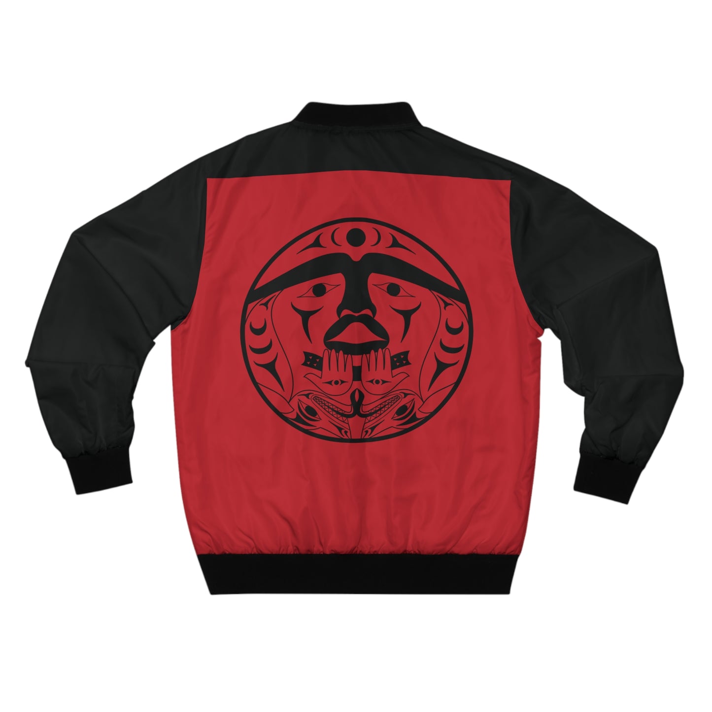 Black and Red Unisex Bomber Jacket with Black “Xwechtaal” designed by Joshua Watts