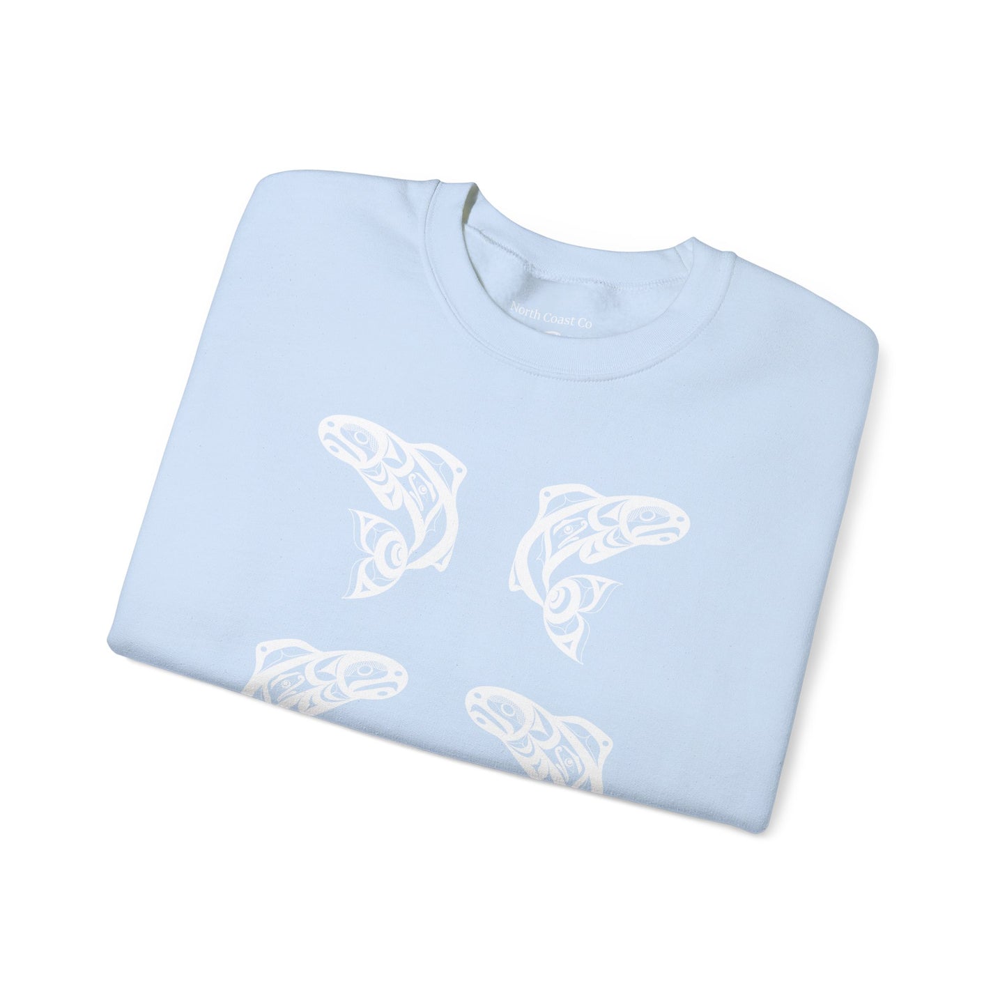 Unisex Crewneck Pullover sweatshirt with White “Salmon Run” design by Joshua Watts