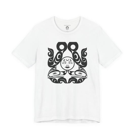Unisex T-Shirt with black and white “Tsuu-Baa-Asaxt wolves” design by Joshua Watts