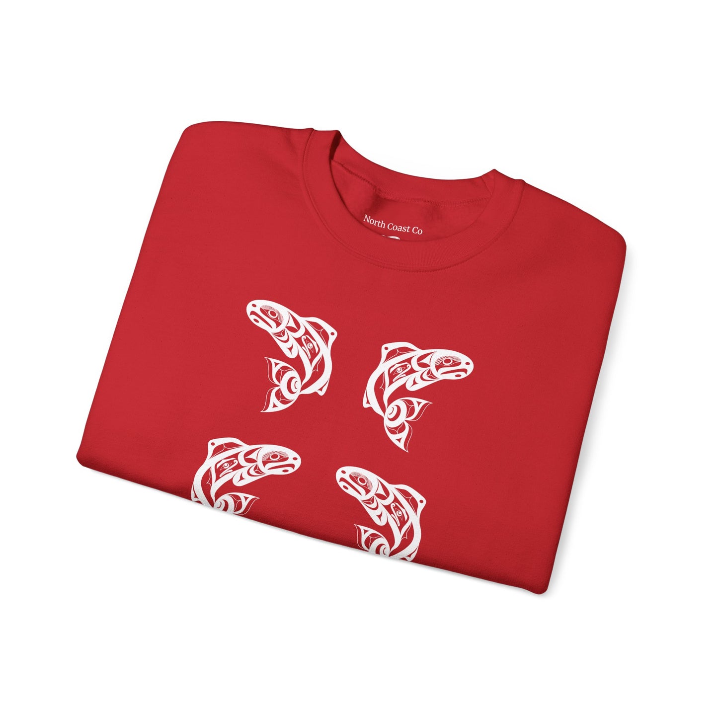 Unisex Crewneck Pullover sweatshirt with White “Salmon Run” design by Joshua Watts