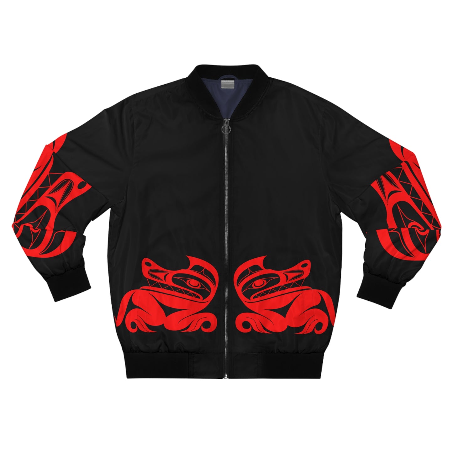 Unisex Bomber Jacket with “Twin red wolves” design by Joshua Watts