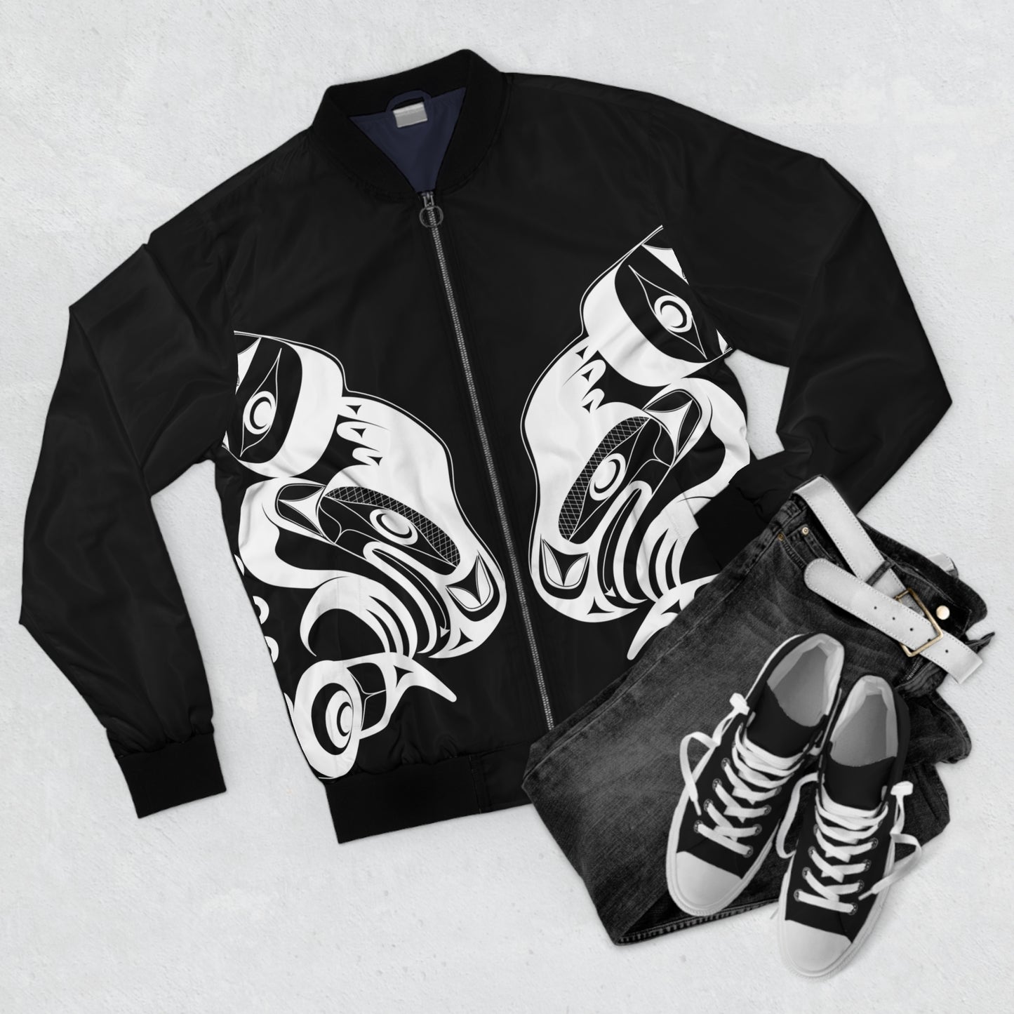 Unisex Bomber Jacket with “Whale Hunt” design by Joshua Watts