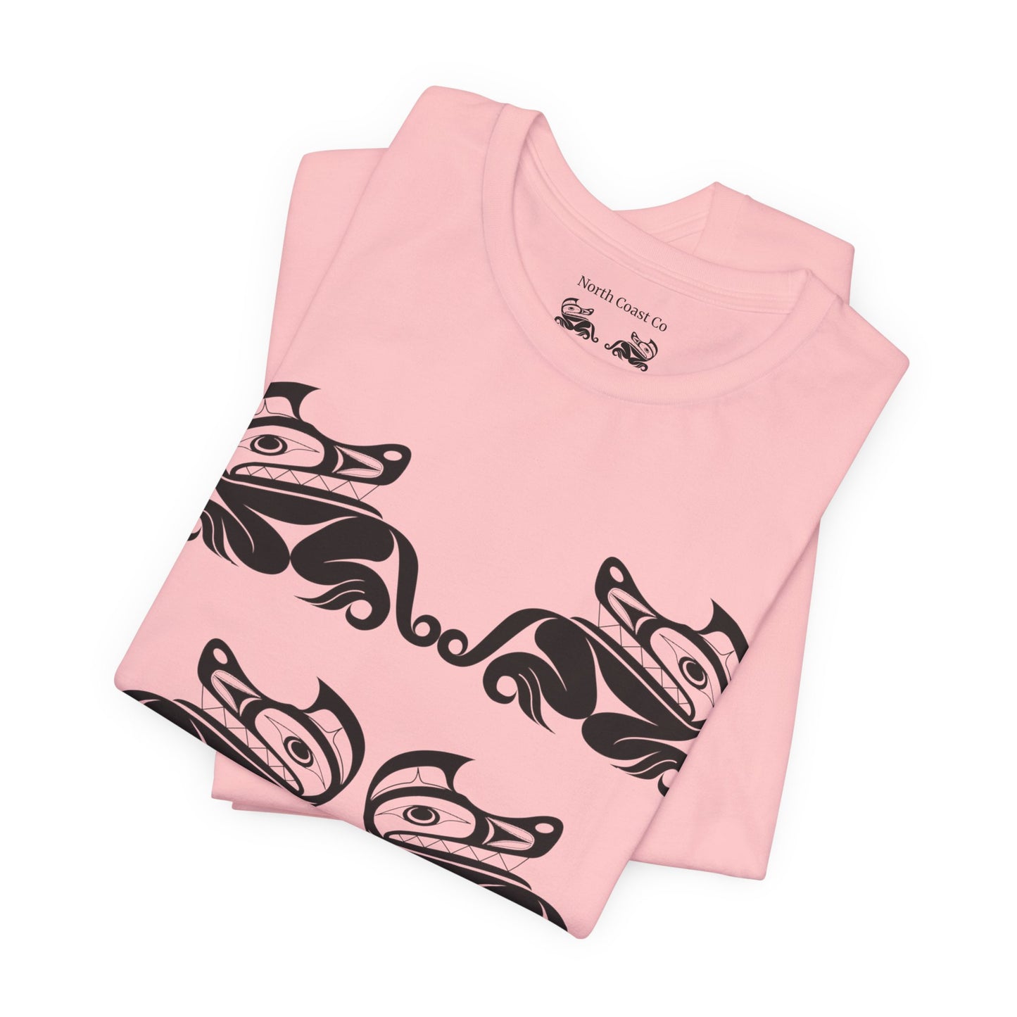 Unisex T-Shirt with black and white “Twin Wolves” design by Joshua Watts