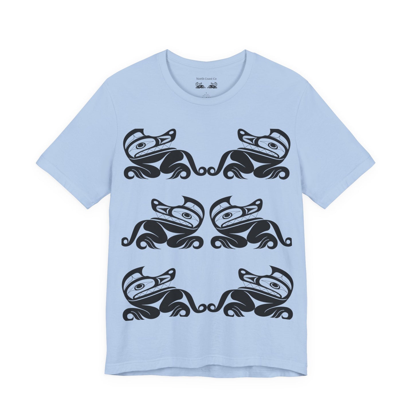 Unisex T-Shirt with black and white “Twin Wolves” design by Joshua Watts