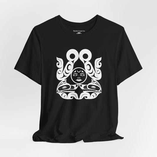 Unisex T-Shirt with black and white “Tsuu-Baa-Asaxt wolves” design by Joshua Watts