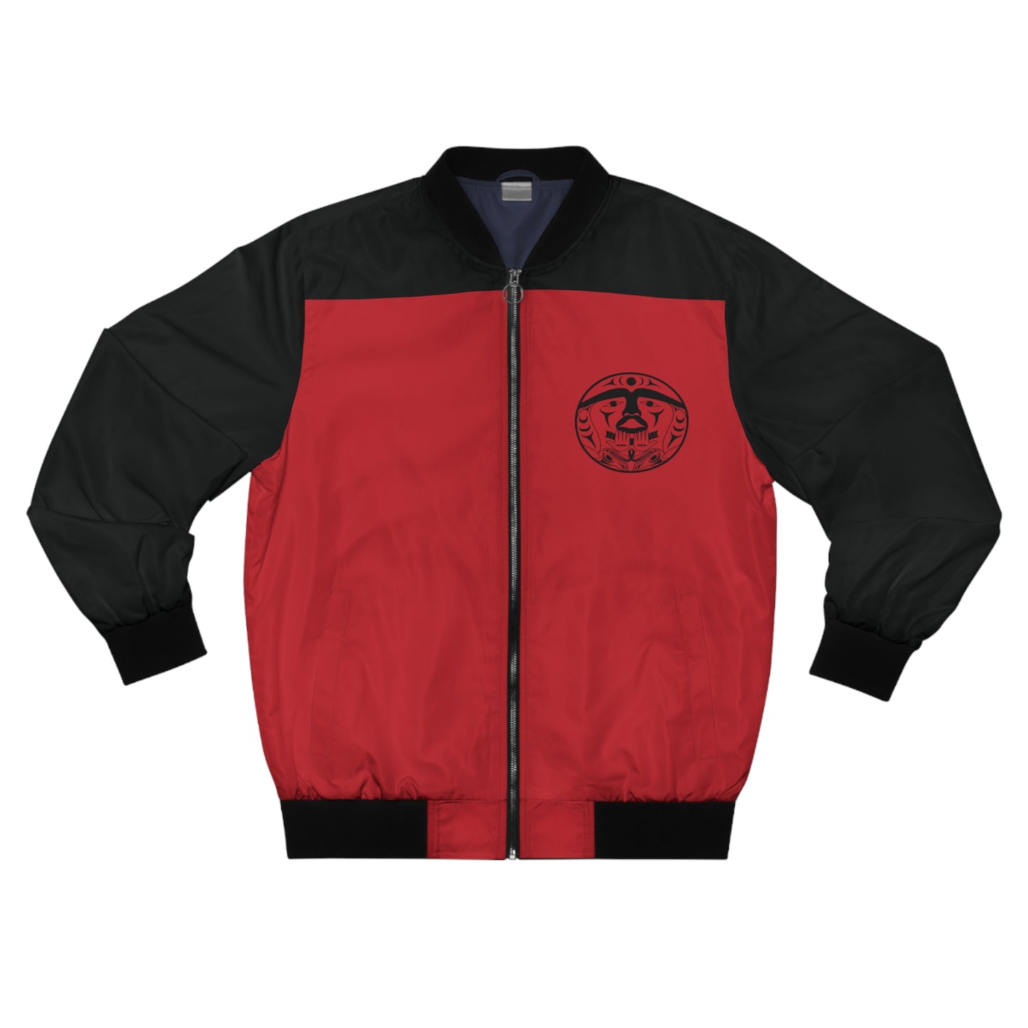 Black and Red Unisex Bomber Jacket with Black “Xwechtaal” designed by Joshua Watts