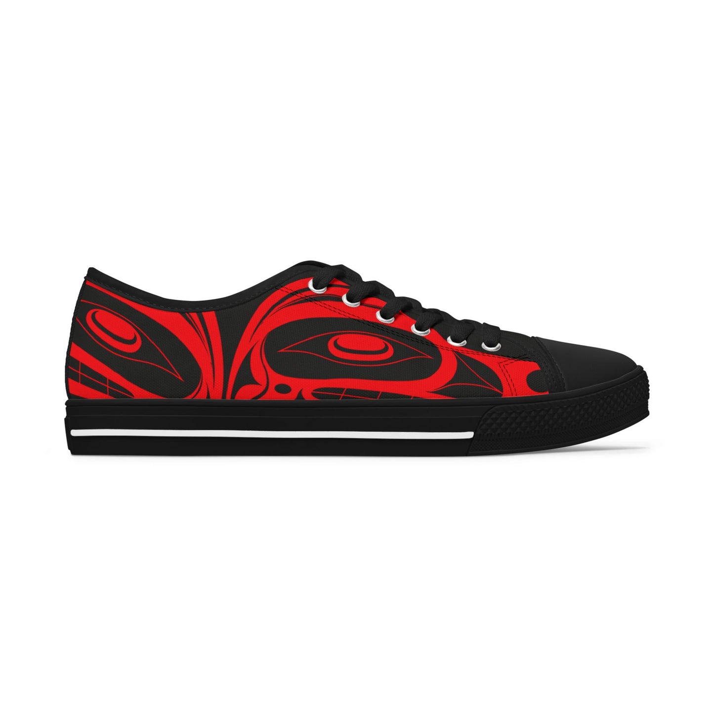 Women's All Black Low Top shoes with Red Wolf design by Joshua Watts
