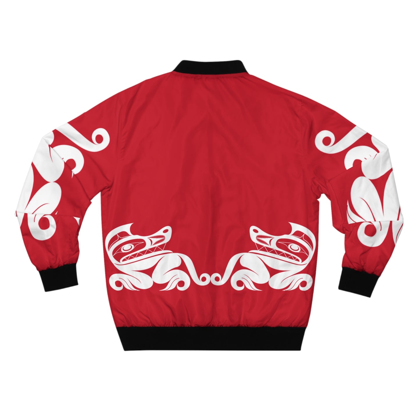 Red Unisex Bomber Jacket with White “Twin wolves” design by Joshua Watts