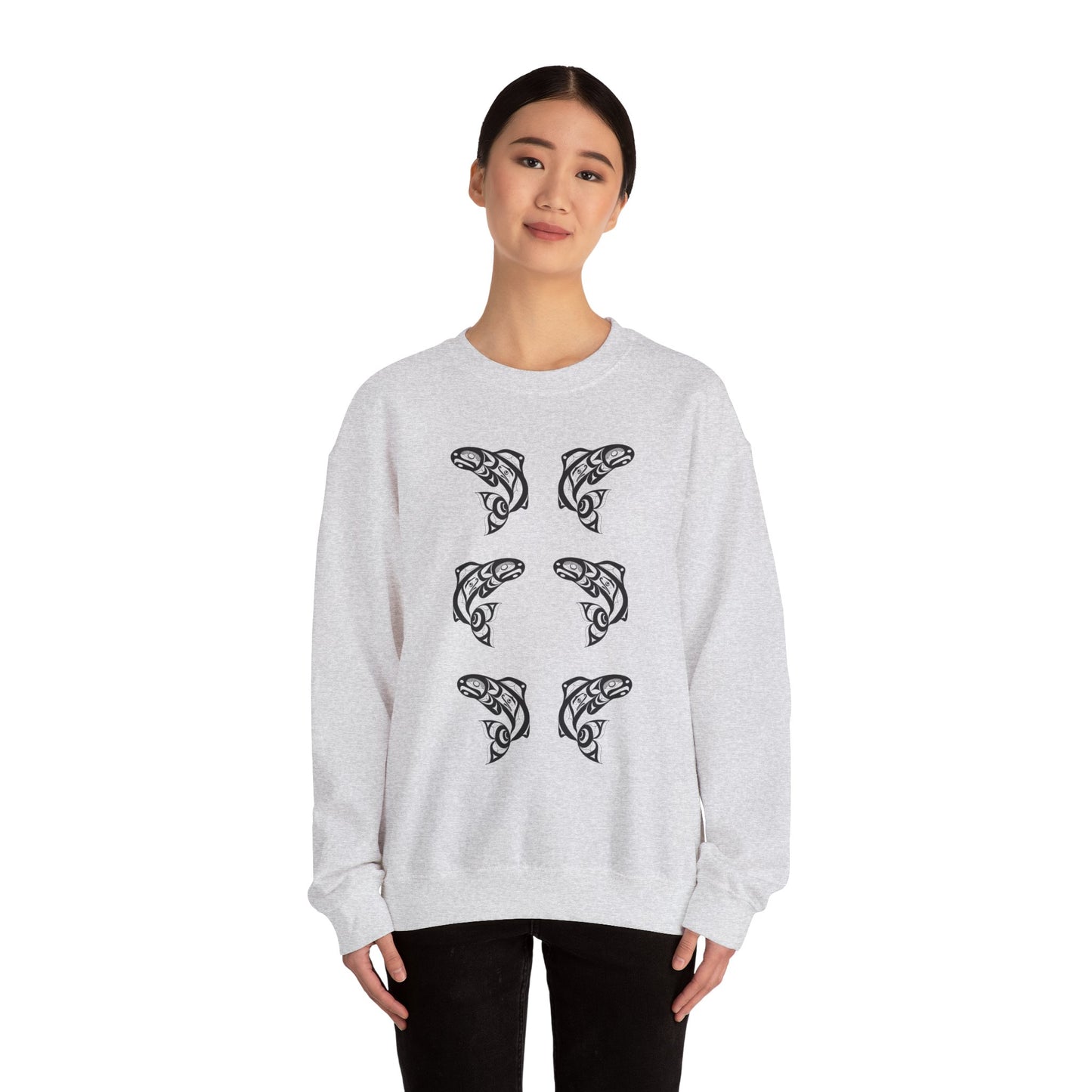 Unisex Crewneck Pullover sweatshirt with Black “Salmon Run” design by Joshua Watts