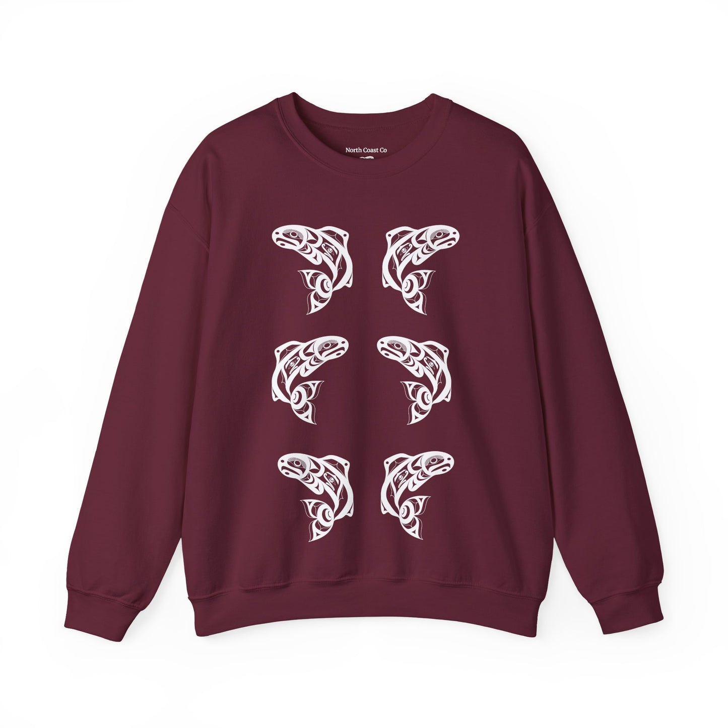 Unisex Crewneck Pullover sweatshirt with White “Salmon Run” design by Joshua Watts