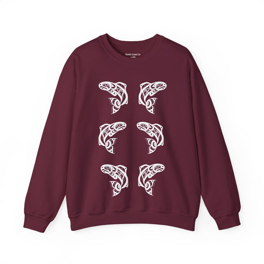 Unisex Crewneck Pullover sweatshirt with White “Salmon Run” design by Joshua Watts