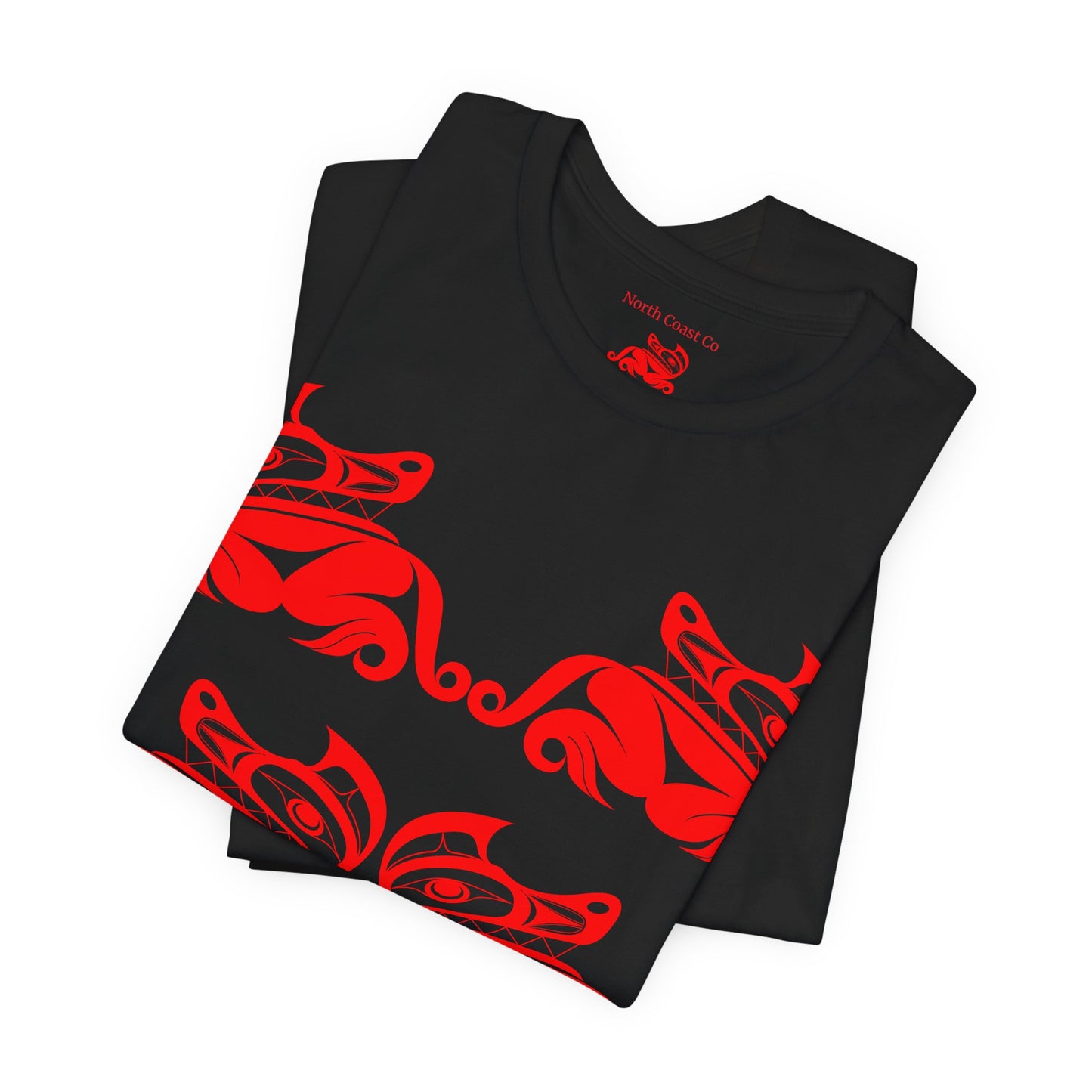 Unisex T-Shirt with red“Twin Wolves” design by Joshua Watts