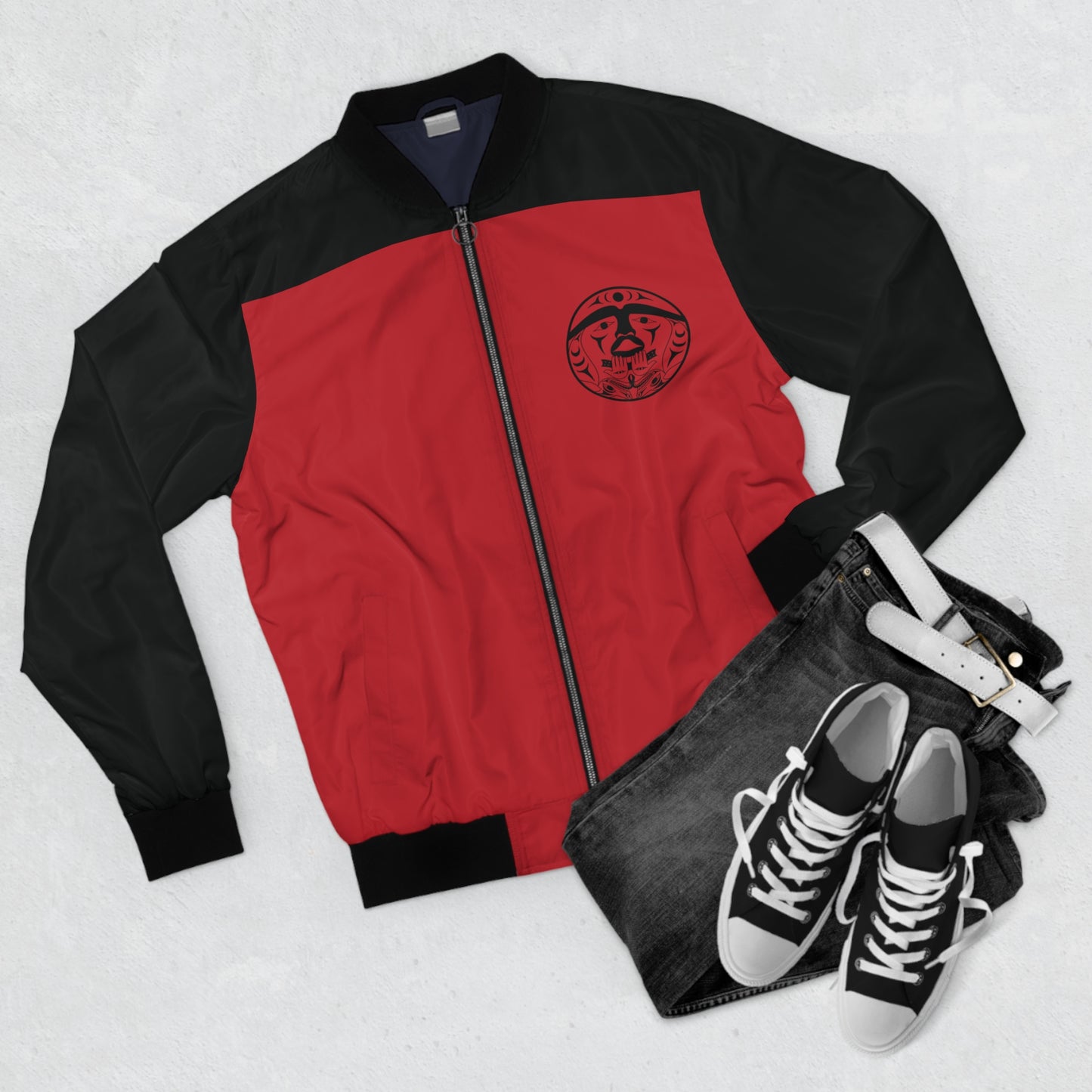 Black and Red Unisex Bomber Jacket with Black “Xwechtaal” designed by Joshua Watts