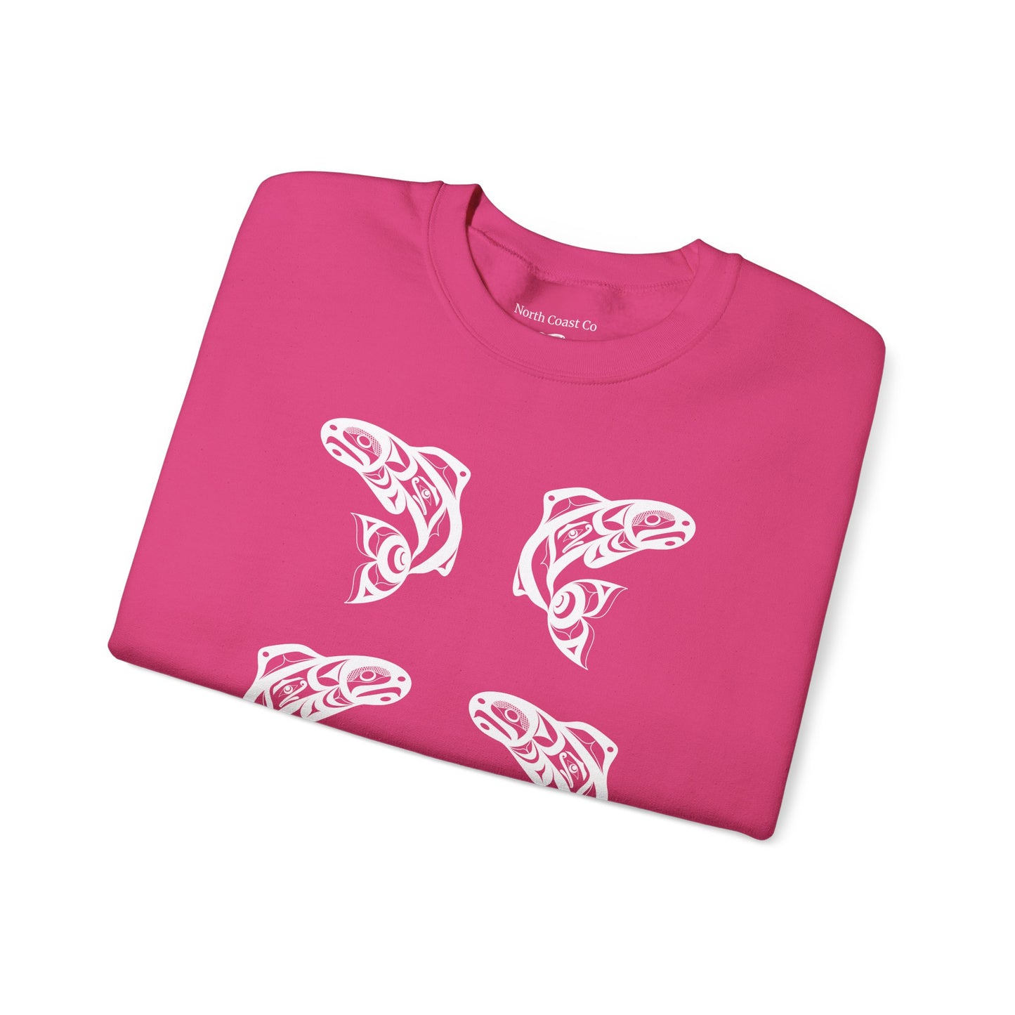 Unisex Crewneck Pullover sweatshirt with White “Salmon Run” design by Joshua Watts