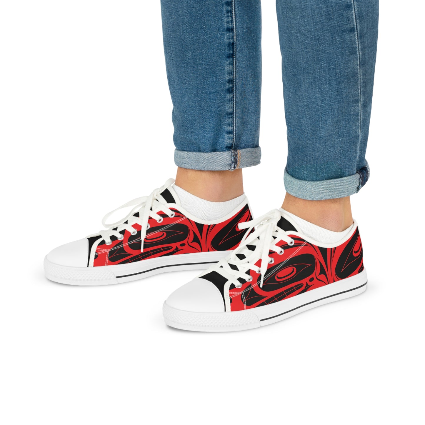 Men's Black Low Top shoes with Red Wolf design by Joshua Watts