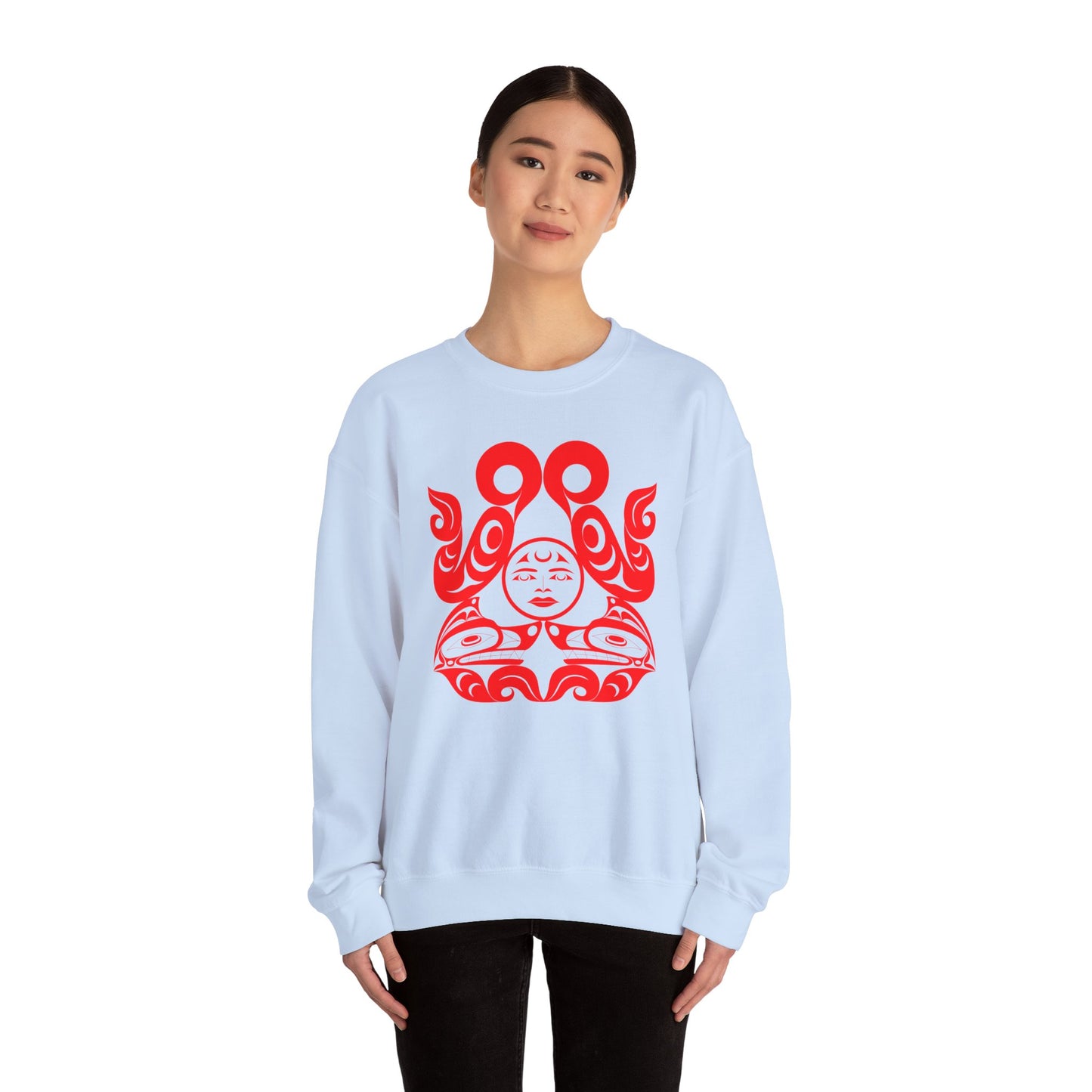 Unisex Crewneck Pullover sweatshirt with Red “Tsuu-Baa-Asaxt Wolves” design by Joshua Watts
