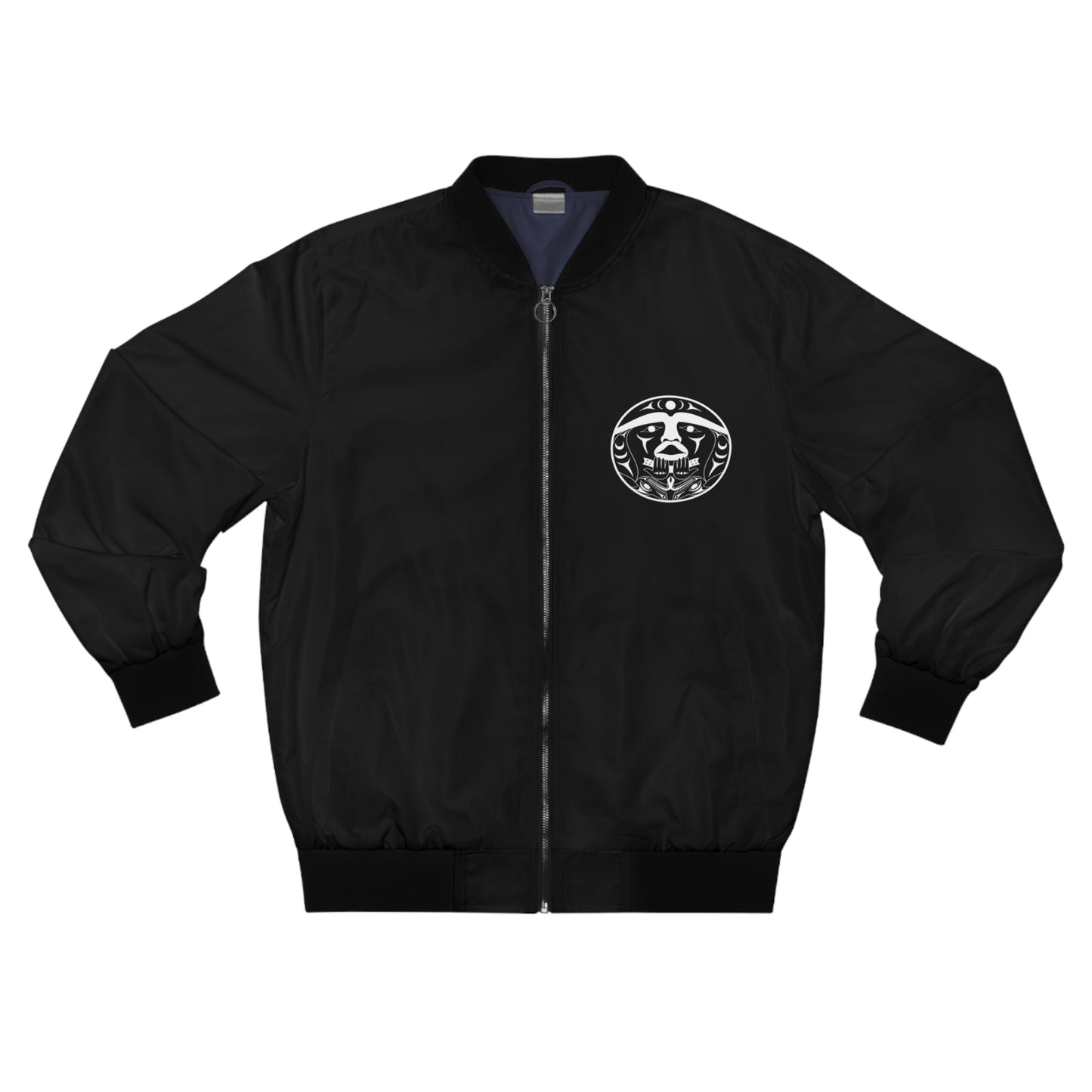 Black Unisex Bomber Jacket with White “Xwechtaal” designed by Joshua Watts