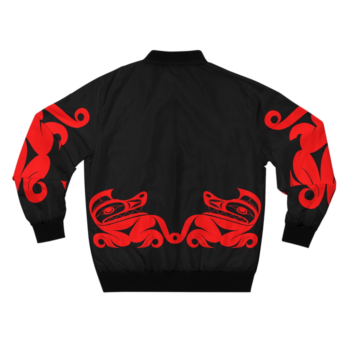 Unisex Bomber Jacket with “Twin red wolves” design by Joshua Watts