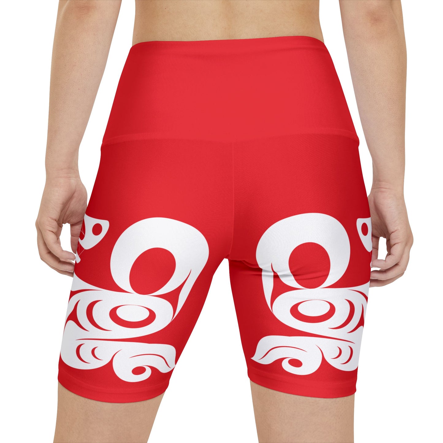 Red Biker Shorts with White Wolf design by Joshua Watts