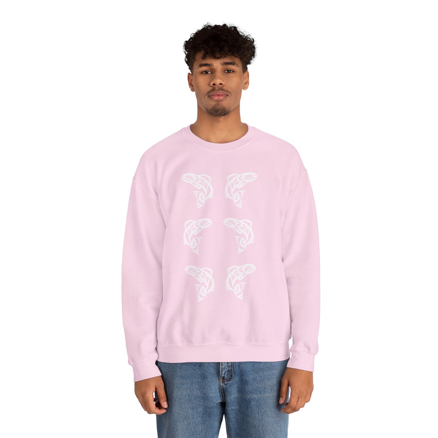 Unisex Crewneck Pullover sweatshirt with White “Salmon Run” design by Joshua Watts