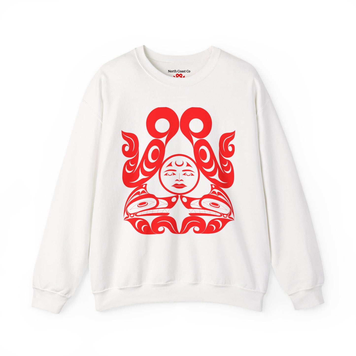 Unisex Crewneck Pullover sweatshirt with Red “Tsuu-Baa-Asaxt Wolves” design by Joshua Watts