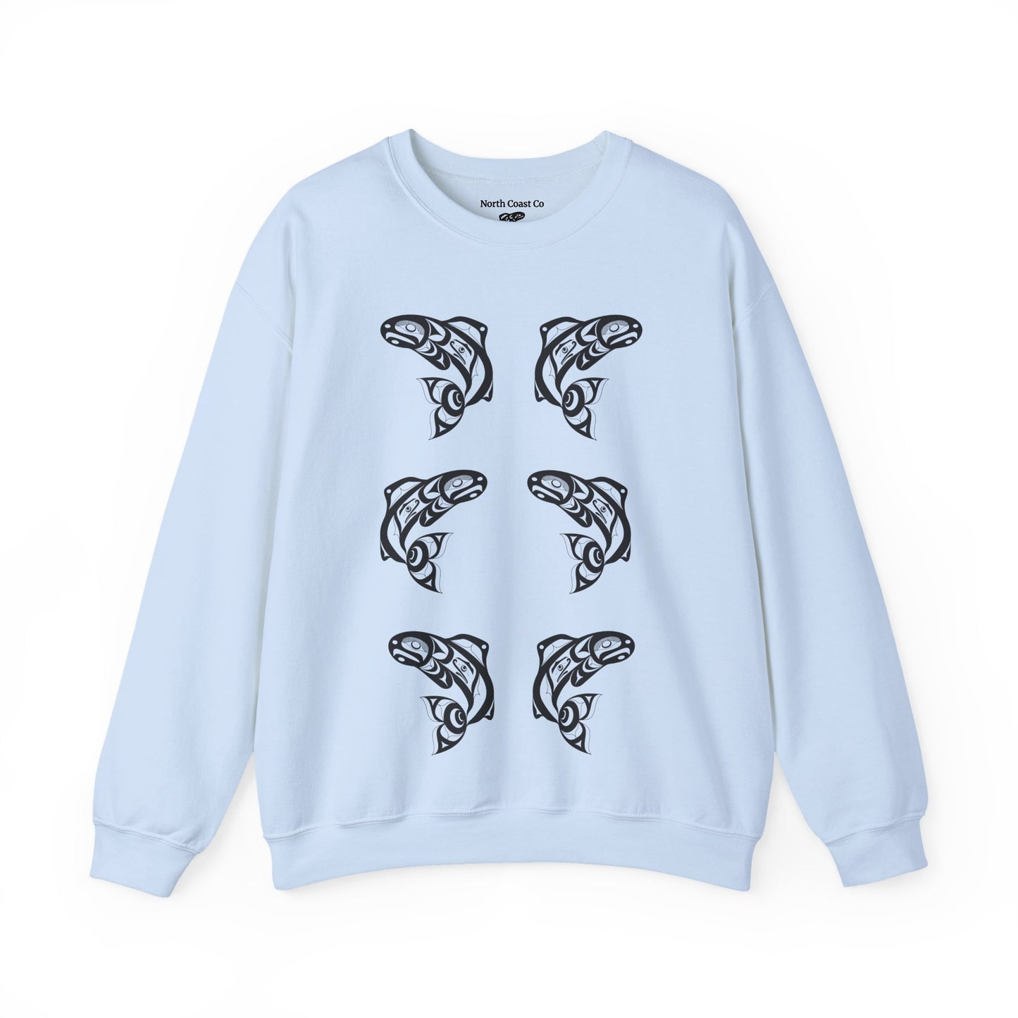 Unisex Crewneck Pullover sweatshirt with Black “Salmon Run” design by Joshua Watts