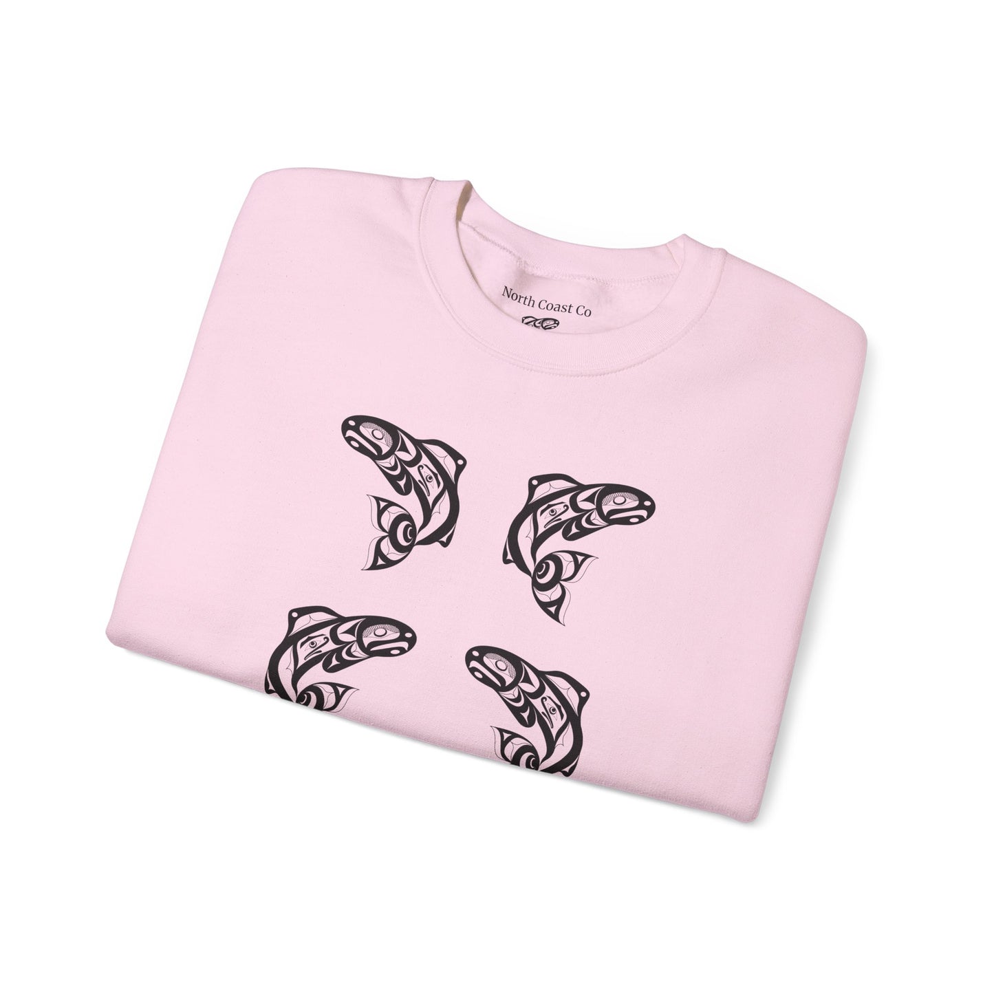 Unisex Crewneck Pullover sweatshirt with Black “Salmon Run” design by Joshua Watts