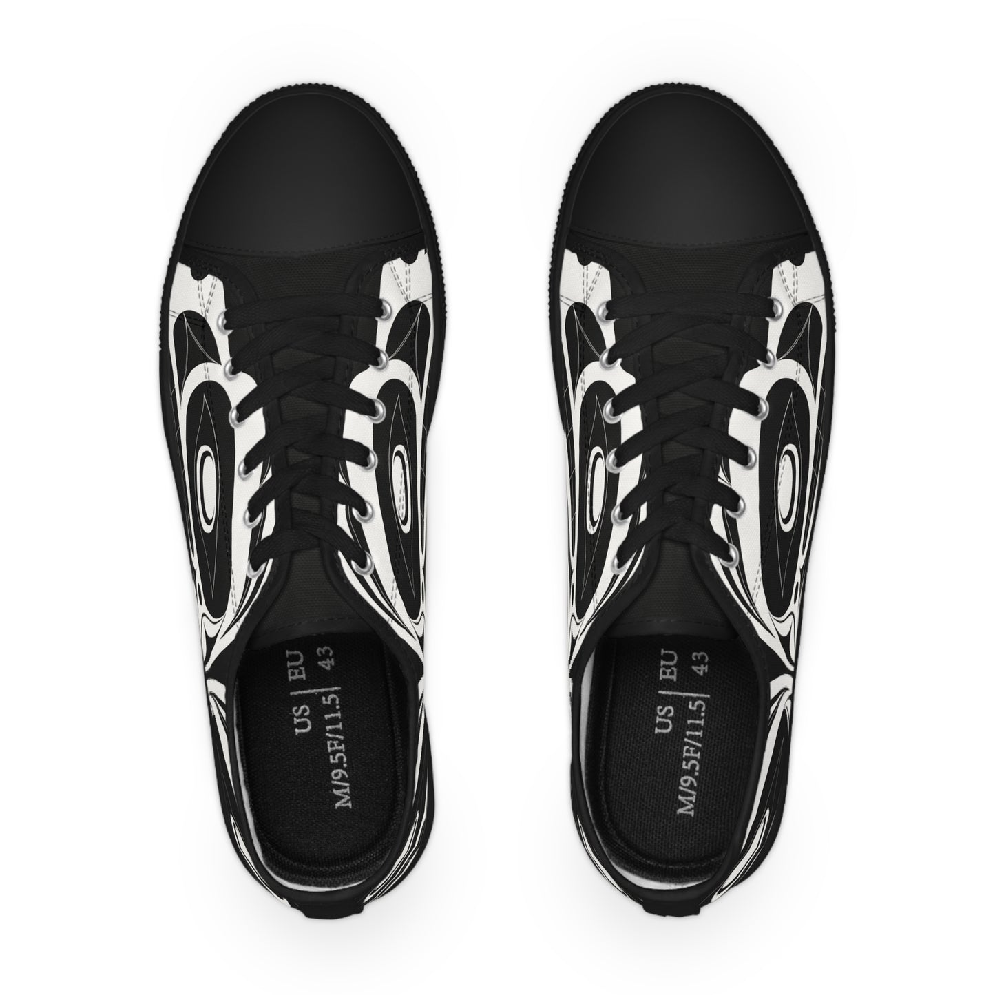 Men's All Black Black Low Top shoes with White Wolf design by Joshua Watts