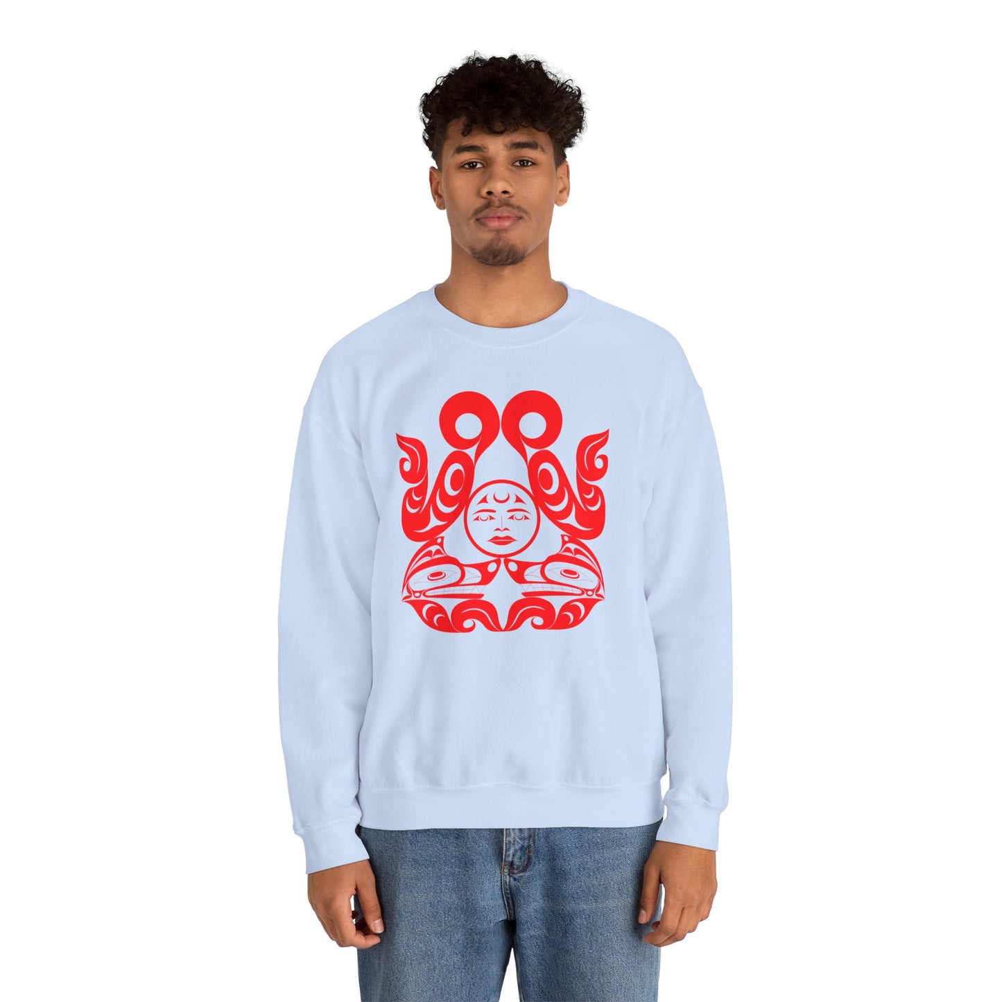 Unisex Crewneck Pullover sweatshirt with Red “Tsuu-Baa-Asaxt Wolves” design by Joshua Watts
