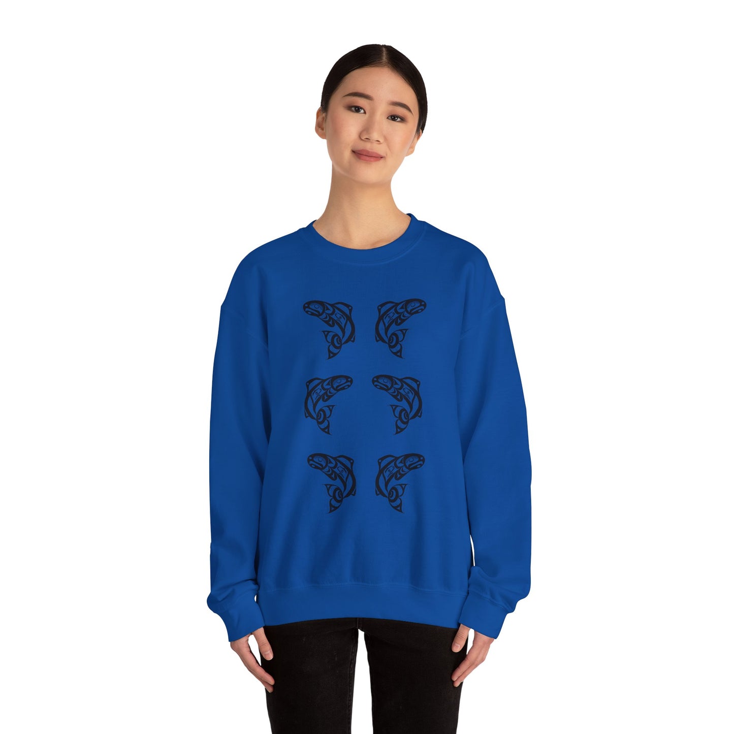 Unisex Crewneck Pullover sweatshirt with Black “Salmon Run” design by Joshua Watts