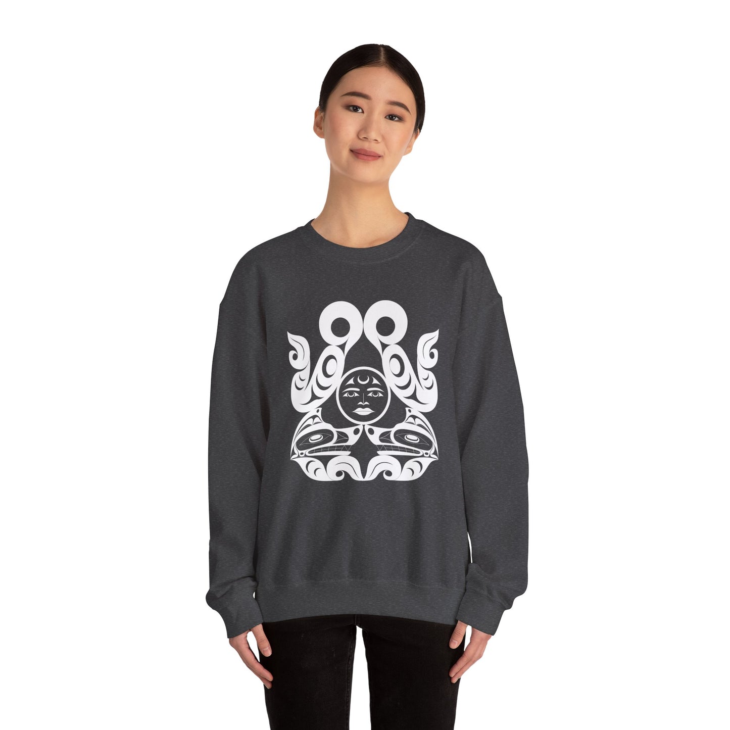 Unisex Crewneck Pullover sweatshirt with White “Tsuu-Baa-Asaxt Wolves” design by Joshua Watts
