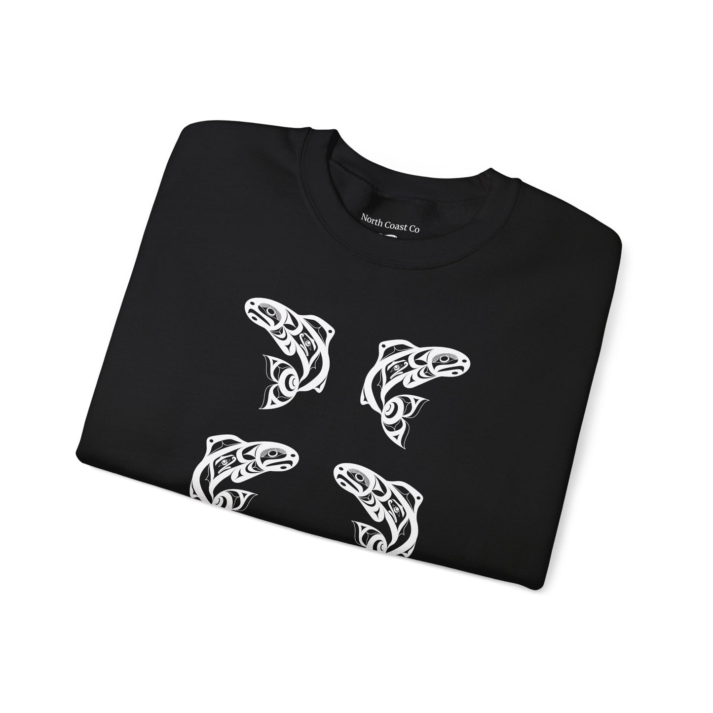 Unisex Crewneck Pullover sweatshirt with White “Salmon Run” design by Joshua Watts